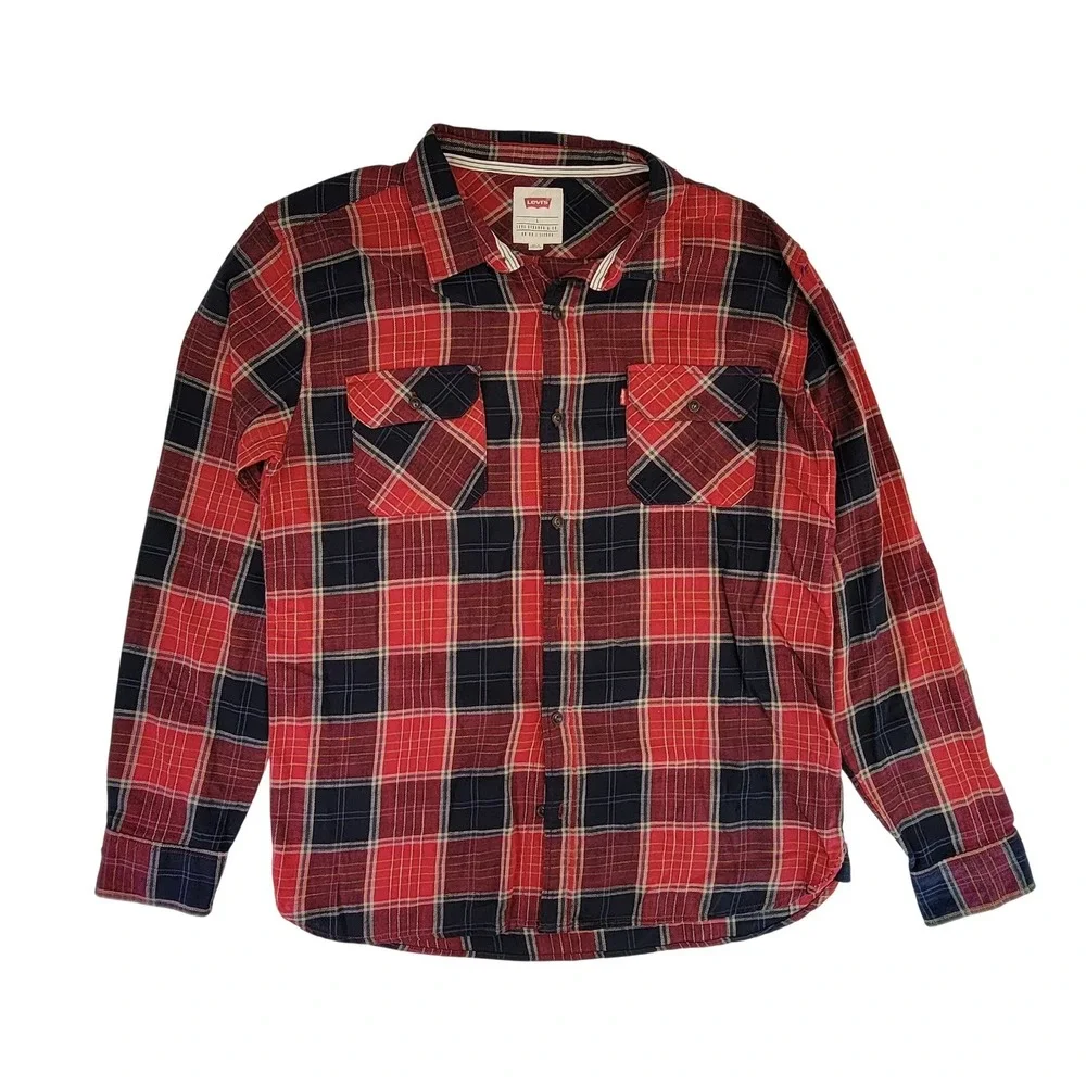 Levi Strauss Co Mens Red Black‎ Plaid Flannel Long Sleeve Button Up Shirt Size L